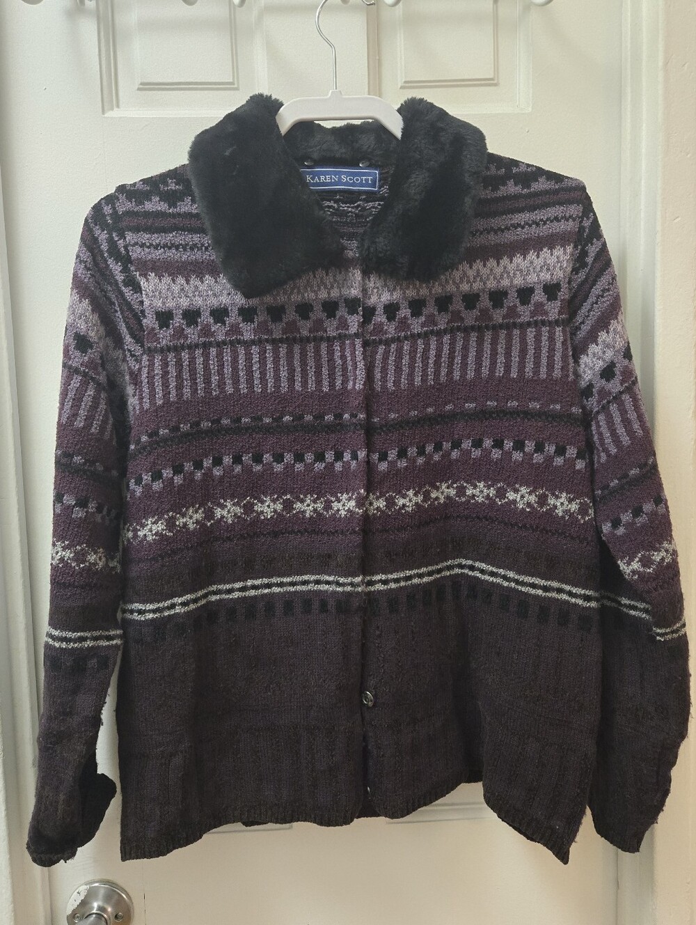 Vintage Karen Scott Argyle Cardigan Detachable Fur Collar Sweater Black Purple M